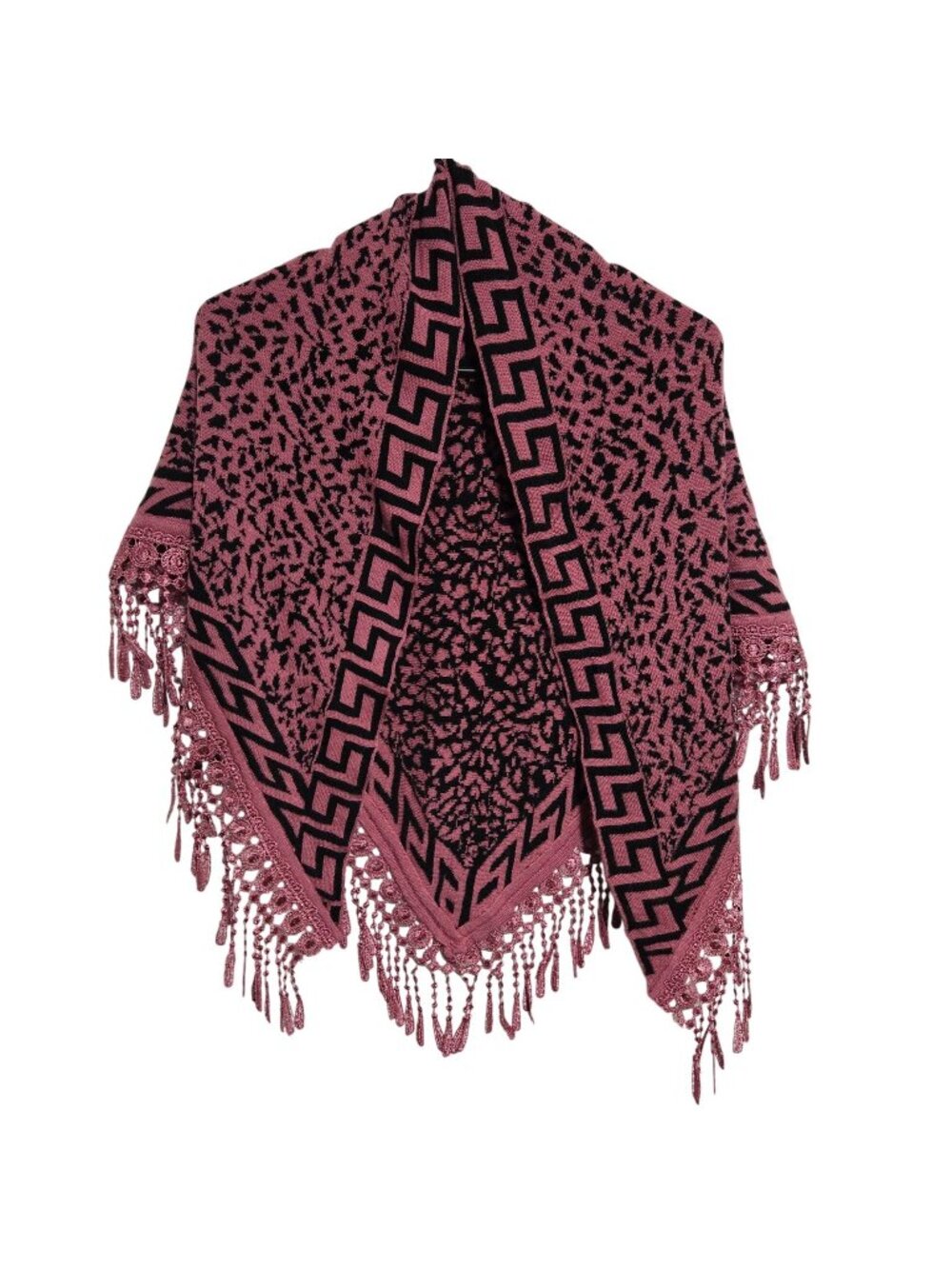 Pink Black Shawl Wrap Animal Print Greek Key Border Lace Fringe Boho Statement